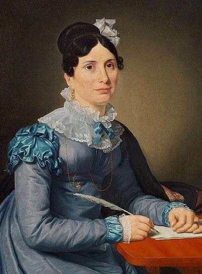 Christoffer Wilhelm Eckersberg Portrat af Sarah Wolff f. Cruttendon siddende i bla kjole, skrivende et brev oil painting image